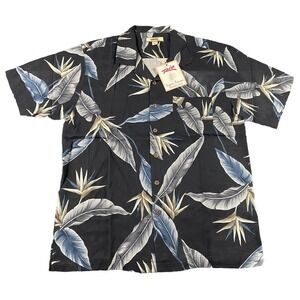 Rio 100% Silk Camp Shirt Men's L Black Floral Tropical Short Sleeve Button Up